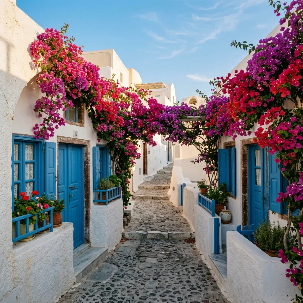 Ruelle grecque typique, porte bleue et bougainvillier