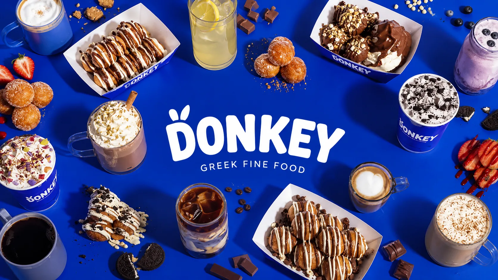 Assortiment de loukoumades Donkey, nappages et toppings