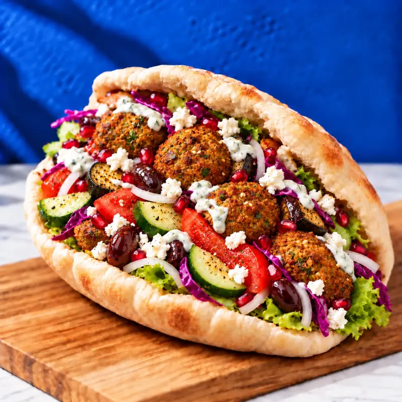 Pita plate Greeko au falafel, légumes grillés et grenade, Donkey Montpellier