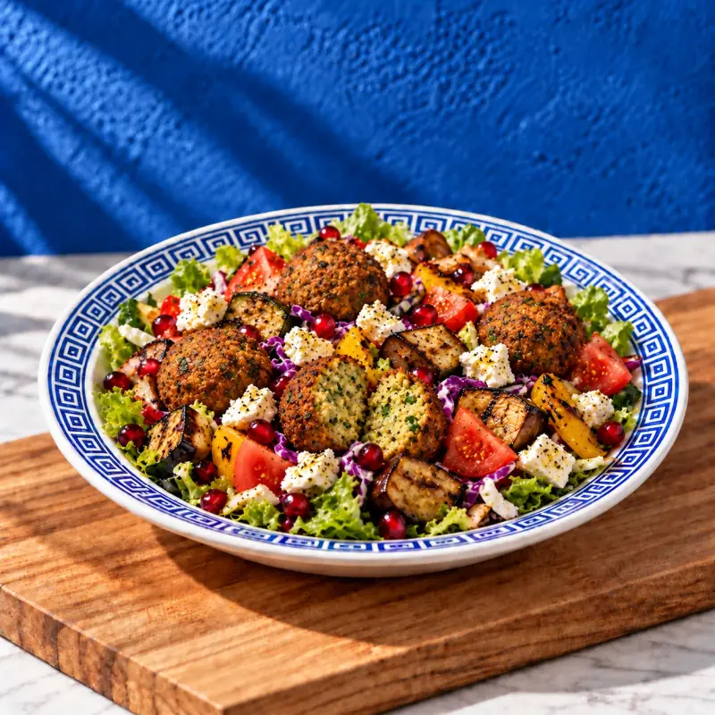 Santorini salad with falafel, grilled vegetables and pomegranate, Donkey Montpellier